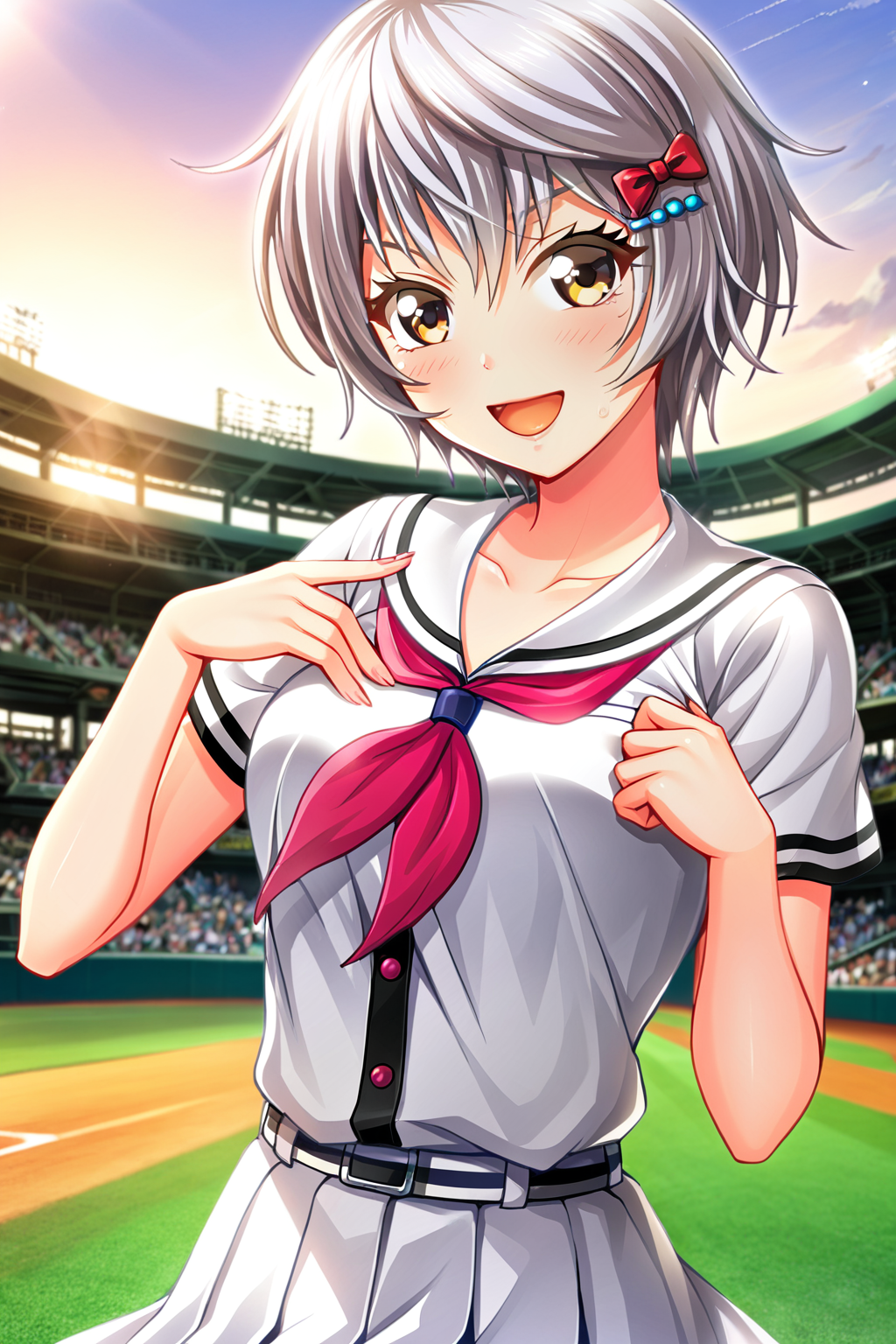 <lora:lambda_xl-000110:0.7>, (nsfw:0.8), masterpiece, best quality, very aesthetic, absurdres, BREAK, 1girl, <lora:asahinairoha_xl-000090:0.8> , (asahinairoha:0.8), short hair, sailor collar, neckerchief, baseball uniform, baseball stadium,