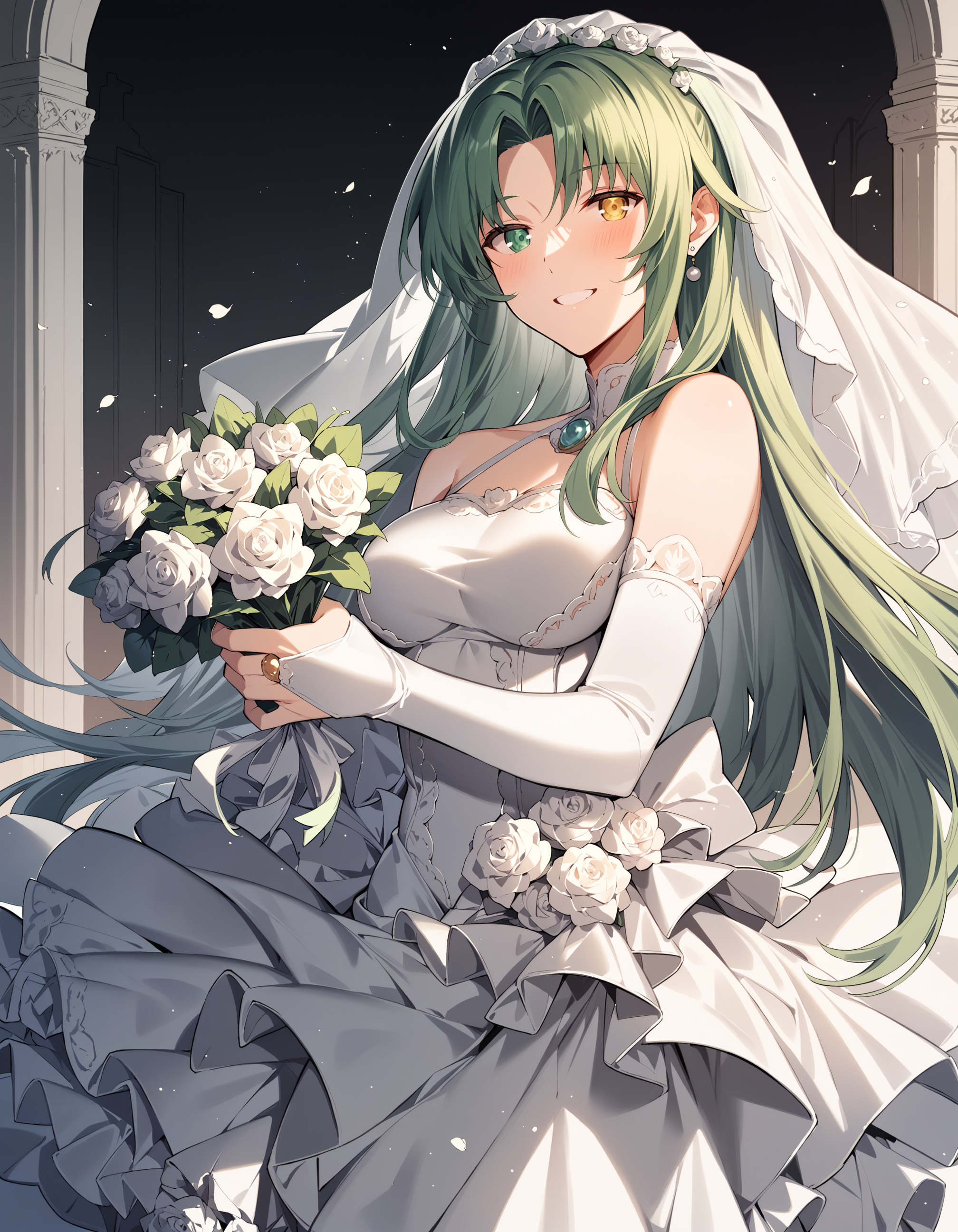 score_9, score_8_up, score_7_up, score_6_up, score_5_up, score_4_up, rating_safe
BREAK
elletear_olis, 1girl, solo, green hair, very long hair, heterochromia, green eyes, yellow eyes, wedding dress, frills, bridal gauntlets, bridal veil, holding bouquet, looking at viewer, smile, blush
BREAK
wedding, floral arch
<lora:elletear_KimiSen_ponyxl_v1:1>