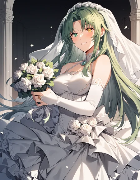 score_9, score_8_up, score_7_up, score_6_up, score_5_up, score_4_up, rating_safe
BREAK
elletear_olis, 1girl, solo, green hair, very long hair, heterochromia, green eyes, yellow eyes, wedding dress, frills, bridal gauntlets, bridal veil, holding bouquet, looking at viewer, smile, blush
BREAK
wedding, floral arch
<lora:elletear_KimiSen_ponyxl_v1:1>