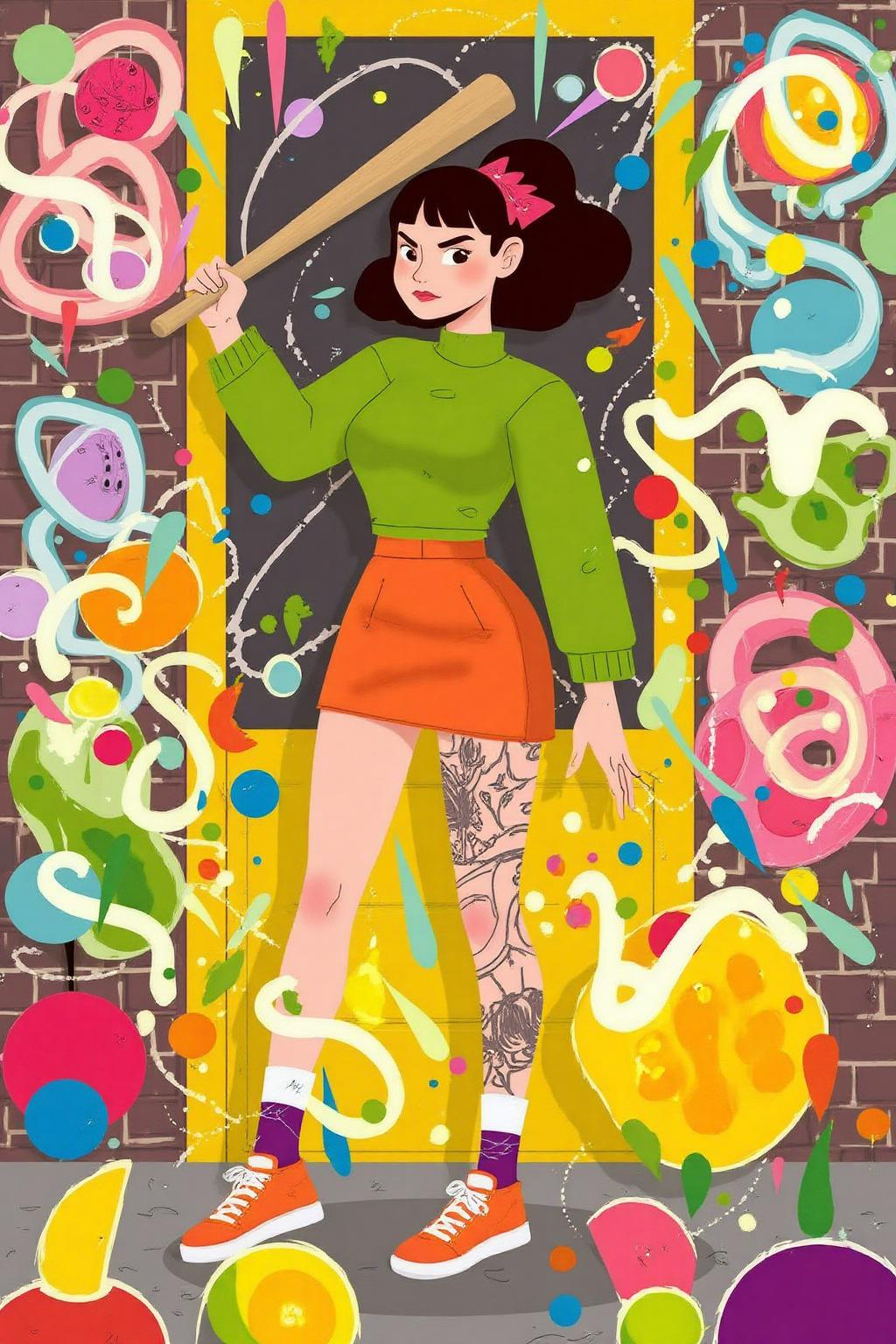 vector art.
liquid splash, cartoonish juicy fruits chaos, dynamic pose, dynamic camera, a fashion shoot, an illustration of a woman threateningly holding a baseball bat in her hands, full body tattoo, wearing green short sweater, miniskirt, knee socks, orange sneakers, aggressive facial expression, wall with graffiti in the background,
 <lora:vectorart1_cap_d6a3:1.0><lora:844071742369636165:0>