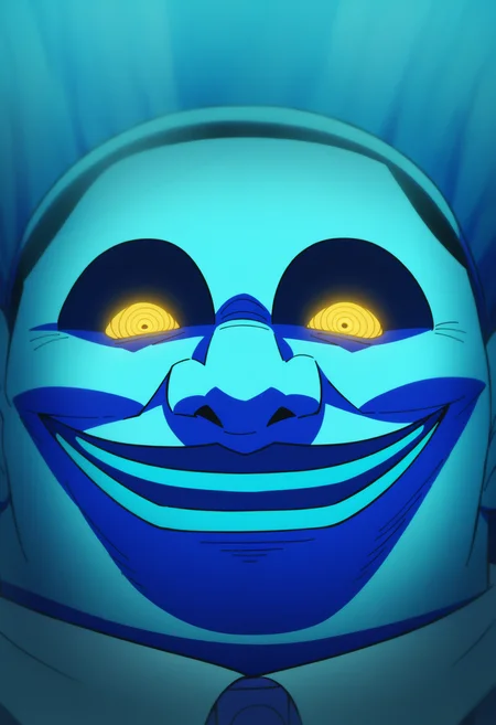 score_9, score_8_up, score_7_up, score_6_up, score_5_up, score_4_up, BREAK
alien_serpo, 1boy, male focus, solo, yellow eyes, ringed eyes, smile, looking at viewer, glowing, blue theme, blue lips, glowing eyes, open mouth, evil smile, colored sclera, portrait, close-up,
 <lora:alien_serpo_dandadan:0.8>