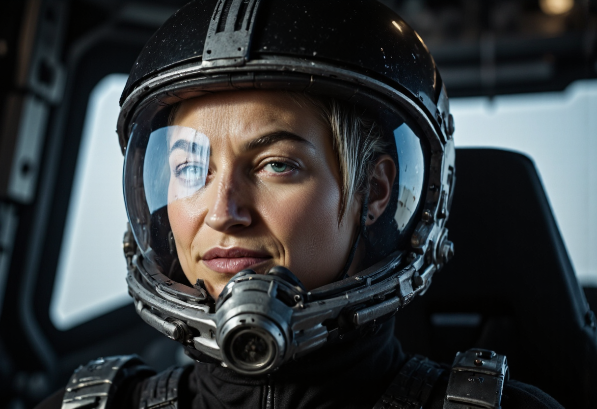 ckspaceship
An environmental portrait depicts a view of the pilot of a single-pilot attack spacecraft in deep space as it completes a high-gee thrust maneuver toward a distant armed engagement.  The perspective is from within the cockpit.

horciafoxx
The pilot is blond woman with pale skin whose identity is just discernible through a transparent faceplate on a form-fitting flight suit.  The pilot is cradled by padded bucket seating to accommodate the near fatal stress of maneuvering the ship.  The pilot's face is illuminated by dim rembrandt lighting originating from within her helmet.

The pilot's expression is one of pain and determination.