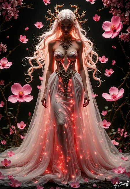 Bathed in the ethereal glow of floating sakura blossoms—each petal radiating a soft, neon-pink luminescence—she stands like a phantom queen in the velvet darkness. Her alabaster skin drinks in the light, transforming into a canvas of shifting hues: blush where the petals drift near her collarbone, molten gold where the candle’s flame licks her jaw. The white gown, now alive with bioluminescent embroidery, pulses in time with the blossoms, its swirling patterns unraveling into spectral vines that coil around her raised arms. The music box pendant at her throat has cracked open, its gears spilling not sound but liquid light, painting her neck in gilded fractals. Behind her, the shadows don’t just retreat—they ripple, as if the darkness itself is breathing. And her ember eyes? They’re not just burning. They’re hungry., hknature<lora:CustomFlux/MysticXXX-v3.safetensors:0.25000000000000006:0.25000000000000006> <lora:CustomFlux/MysticRealism.safetensors:0.7500000000000001:0.7500000000000001> <lora:Flux/FluxProtectorsOfNature.safetensors:0.5000000000000001:0.5000000000000001> <lora:Flux/Epic-Characters_v1.safetensors:0.25000000000000006:0.25000000000000006>