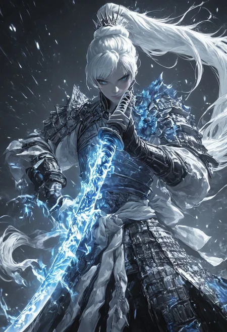 score_9, score_8_up, score_7_up, upscale 2x, Weiss Schnee, long hair, ponytail, white hair, blue eyes, small breasts, mature body,
(A close up cinematic shot of Weiss Schnee as a samurai holding a katana infront of her face, the katana is detailed with a blue glowing dragon swirling around the blade, extremely detailed. Dragon Samurai.:1.2)