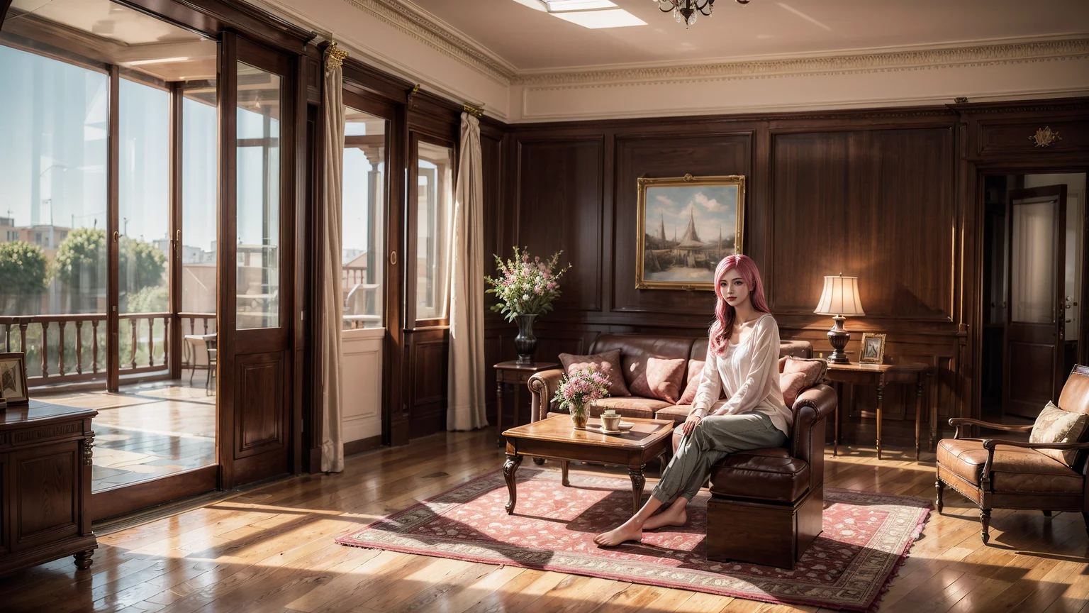 A young woman with long pink hair sitting gracefully on a vintage leather sofa in a luxurious,sunlit living room with elegant dark wood paneling and classic furniture. She wears a casual white top and relaxed pants,barefoot,with a calm and serene expression. Sunlight streams through large glass doors,casting soft shadows on the polished wooden floor and Persian rug. A vase of flowers,framed painting,and warm ambient lighting complete the refined,peaceful atmosphere. Cinematic lighting,high realism,cozy interior,4K detail.,<lora:yuukananri-base-02-flux:0.9>,yuukananri,she has a slender physique and a petite build,<lora:aidmaMJ6.1_v0.5_3:0.5>,aidmaMJ6.1,