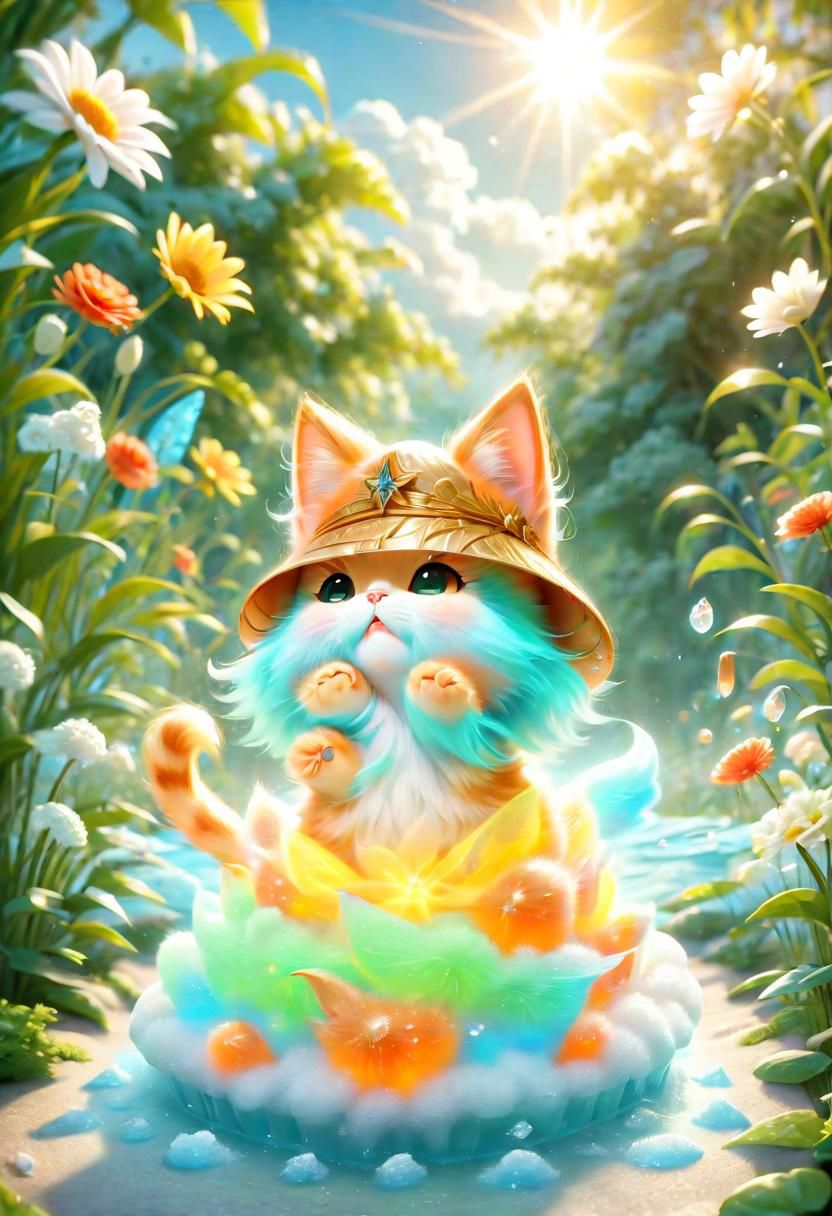 ral-fluff,<lora:ral-fluff:1>,
chibi,masterpiece,best quality,original,official art,cat, hat,flower,blurred background,cartoon rendering,beautiful detailed glow,(detailed ice),beautiful detailed sun,sunny, blurred flower, happy