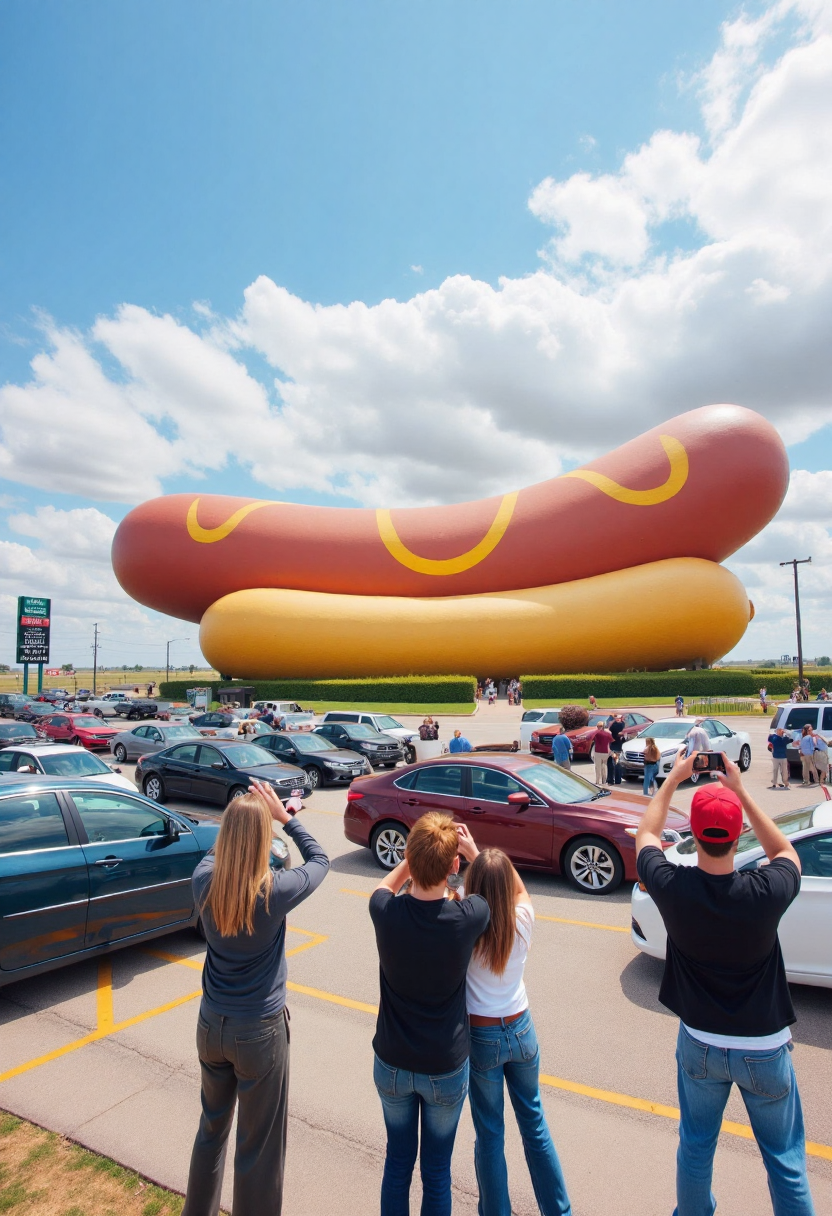 <lora:Roadside_Attraction_Assembler_FLUX_r1-000007:0.85>   
Photo depicting a surreal scene at a "world's largest hotdog" roadside attraction, along with people taking photos of it and cars parked near it.