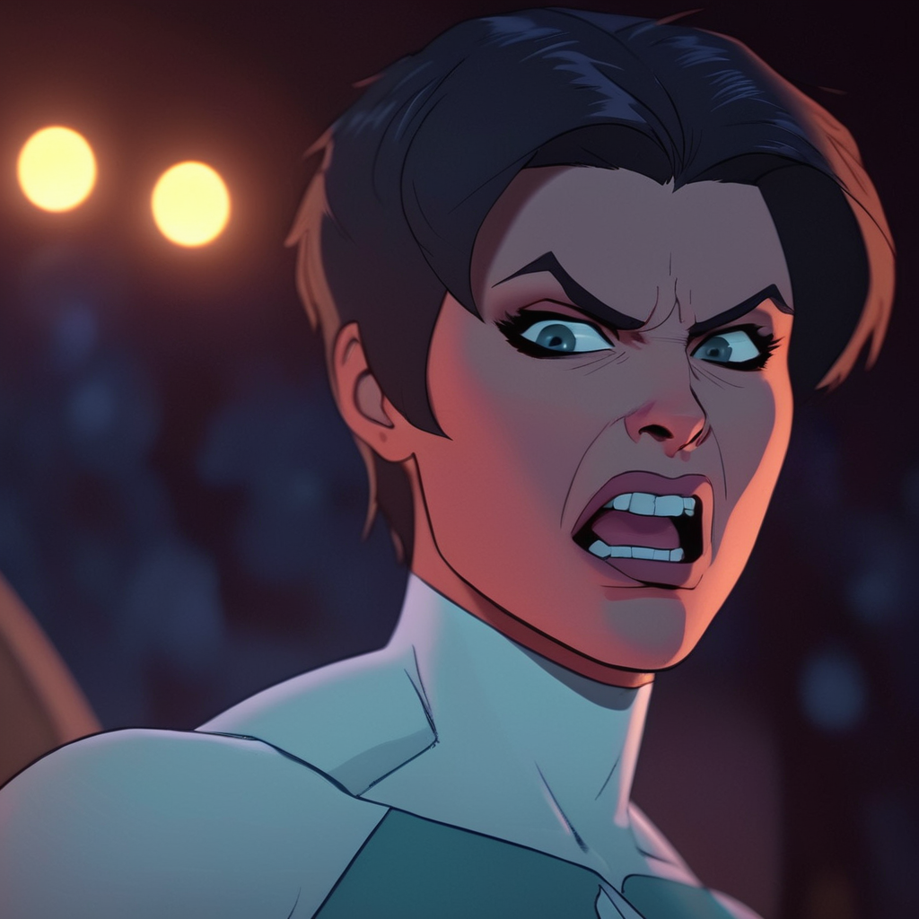 cinematic film still of  <lora:Anissa v2:0.9>
 <lora:PerfectEyesXL:0.3>
 <lora:perfection style:0.1>
 <lora:TeethXL:0.3>
 <lora:Chiaroscuro Lighting Style:0.3>
Anissa a closeup cartoon of a very angry woman with a very angry look,Viltrumite costume,antagonist,sadistic,female Viltrumite,solo,1boy,male focus,teeth,parody,clenched teeth,close-up, comic book style, shallow depth of field, vignette, highly detailed, high budget, bokeh, cinemascope, moody, epic, gorgeous, film grain, grainy