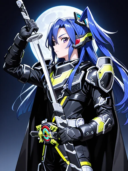 masterpiece, best quality, amazing quality, very aesthetic, absurdres, newest, kazanari tsubasa, one side up, 1girl <lora:BujinTycoon:1>bujintycoon, male focus, solo, armor, weapon, sword, holding, belt, cape, holding weapon, tokusatsu, rider belt, , holding sword night full moon, from side, looking at viewer, unsheathing,