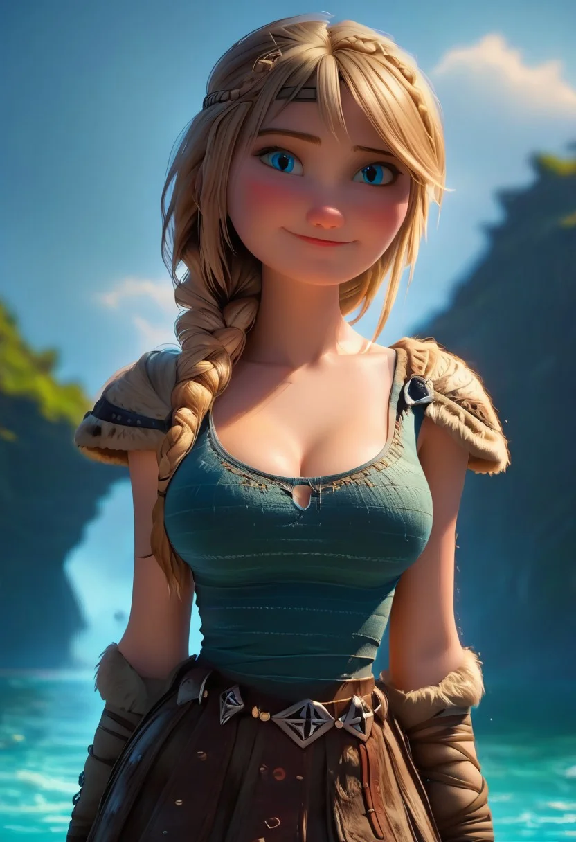 Expressiveh, score_9, score_8_up, score_7_up, score_6_up, 1girl, 1girl, AstridXL, astrid from how to train your dragon, blue eyes, (1 short braid:1.5), blond hair, pose, sexy, (blush), sexy, light smile, (motion lines), girl focus, enjoying herself sexually, perfect round breasts, (big breasts), seductive face, Dynamic angle, (teasing), (nsfw), looking at viewer, breasts focus, (on viking island:1.5), mature, (standing), (on nature:1.5), (blue sky:1.2),(tank top:1.5), (skirt:1.5)