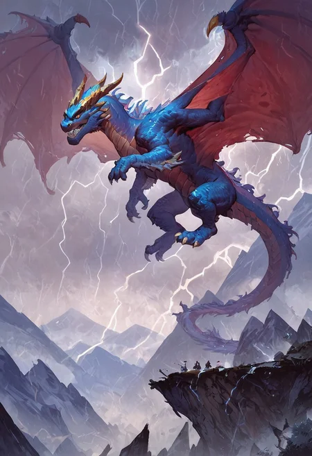 score_9, score_8_up, score_7_up, score_6_up, score_5_up, score_4_up, dragon, storm dragon, teeth, horns, long tail, wings, mountains, lightning aura, fantasy, solo focus, epic,