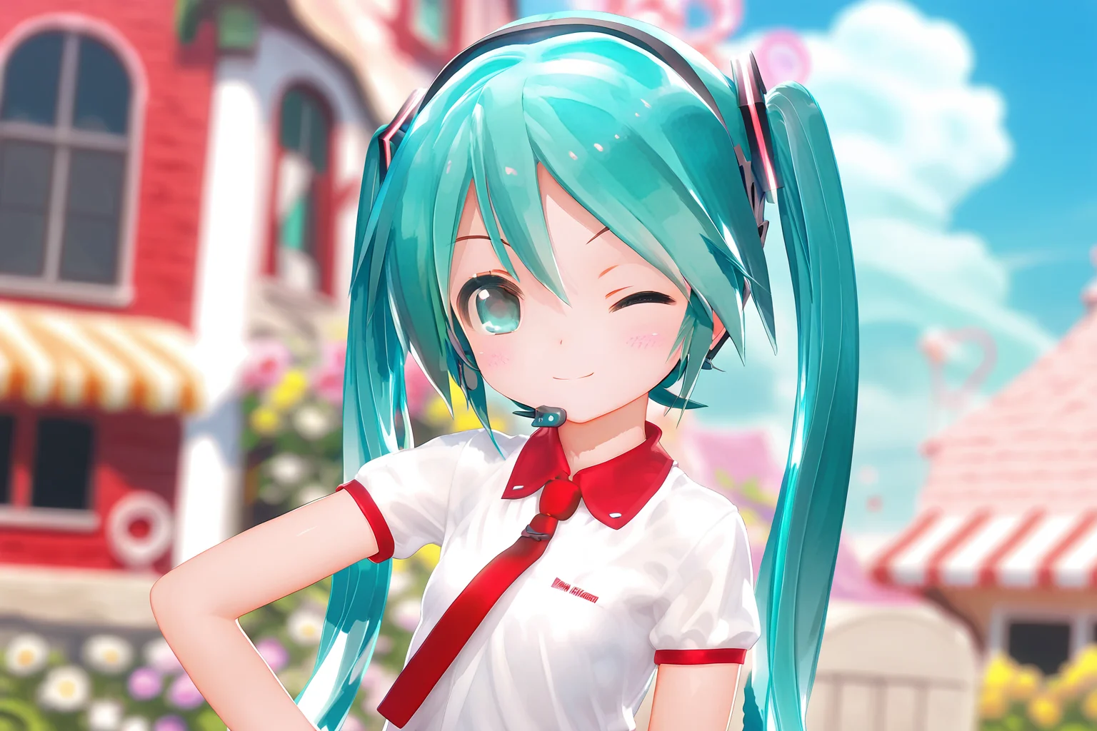 score 9, score 8 up, score 7 up, rating explicit,
detailed background, upperbody,
sfw, api, solo, shirt, red necktie, aqua hair, twintails, aqua eyes, detailed eyes,
blush, wink, smile, <lora:apimiku.pony:1>, outdoors,
