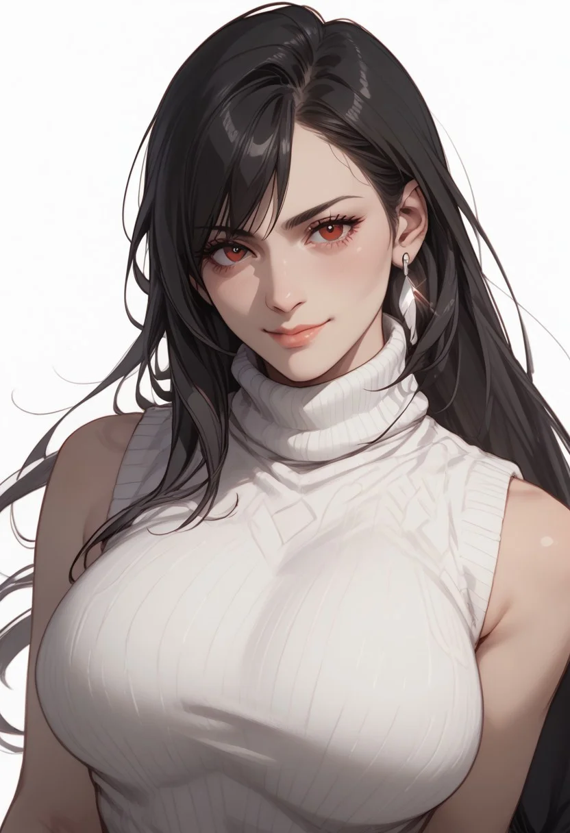 score_9, score_8_up, score_8, score_7_up, score_7, ((close up)), face focus, Expressiveh
BREAK
1girl, solo, defTif, red eyes, black hair, low-tied long hair, earrings, large breasts, broad hips, thick thighs, looking at viewer, head tilt, seductive look, aroused, horny, standing, sleeveless white turtleneck sweater, light smile
BREAK
white background