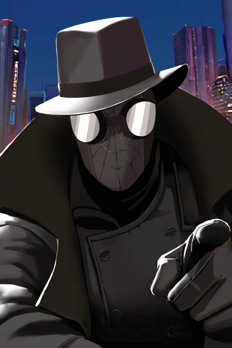 masterpiece, best quality, highres, newest, smnrsv, 1boy, solo, male focus, mask, covered eyes, goggles, spider web print, black hat, fedora, black coat, trench coat, black vest, black gloves, hand up, pointing at viewer, looking at viewer, facing viewer, portrait, upper body, outdoors, city, building, night <lora:Spider-Man Noir - Into the Spider-Verse v1.0 [LoRA] - NoobAI-XL EPS 1.0:0.8>