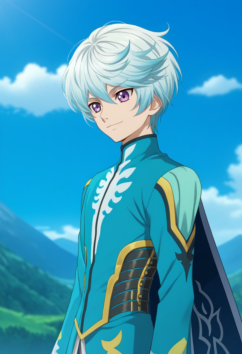 score_9, score_7_up, source_anime
mikleo, 1boy, male focus, solo, purple eyes, blue hair, short hair, swept bangs, jacket, blue jacket, long sleeves, cape, blue cape, smile
outdoor, mountains, sky,