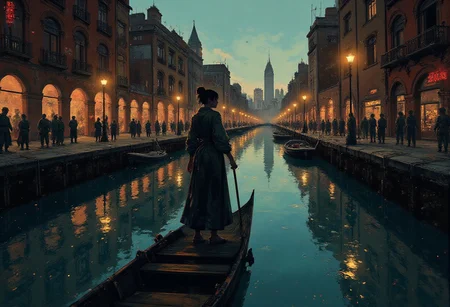 an illustration depicting a gondolier holding a long paddle in a gondola going through the channel in the Venice city in the evening. The lights of windows and street lights are reflected in the smooth surface of the river