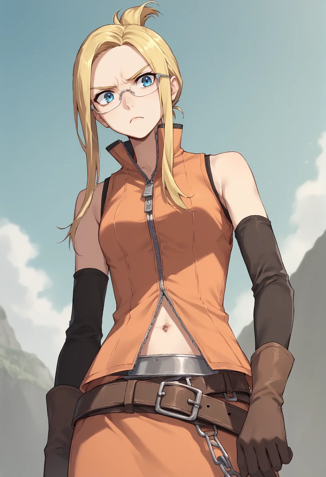 1girl, blonde hair, long hair, sidelocks, folded ponytail, blue eyes, orange dress, sleeveless, zipper, detached sleeves, navel, belt, skirt, gloves, cowboy shot, outdoors, valley, glasses, upper body, serious, disgust, from below <lora:Quistis:0.8>, score_9, score_8_up, score_7_up, score_6_up, score_5_up, score_4_up, BREAK source_anime, masterpiece