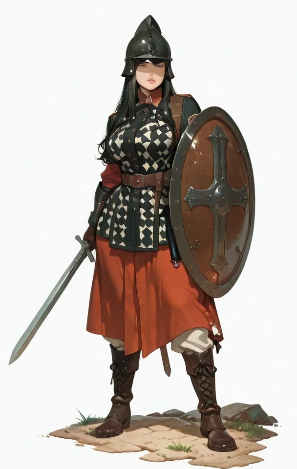 hyper-detailed, modernretroanime, Anime, anime screencap, cel shading, dramatic, sharp detail, mature female, Full-body illustration of female soldier, largebreasts, wide hips, thighs, thick thighs, atheltic female, luscious lips, wearing a detailed Niederbieber-type helmet with cross-pattern reinforcing ridges and cheek guards that can be fastened together. She wields a Spatha sword (900mm/36 inches), historically used by cavalry in the 1st and 2nd centuries. She also carries a spiculum, a heavy pilum-type javelin. She wears chain mail, an oval shield, a long-sleeved tunic, trousers, and boots, historically accurate to 3rd-4th century Roman infantry. The helmet style transitions toward an Intercisa-type. She has an hourglass physique, wide hips, luscious lips, and long flowing hair, exuding both beauty and strength. One leg is positioned straight to the side, with her foot resting on her shoulder, showcasing flexibility and power. Ultra-detailed, cinematic lighting, historical realism, 8K, dramatic pose, dynamic composition, artist:moriimee