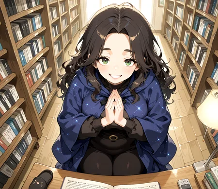 PonyScores7, source_anime, ah1, IllustriousQual, <lora:natsumi_style:0.5>, <lora:by_usakun-pony:0.4> by usakun, <lora:Akina_Bbw_Style_-_PonyXL:0.2> AkinBw
BREAK 1girl, (curly hair), long hair, (black hair:1.3), mature female, (parted hair:1.7), (round face:1.2), (thick eyebrows:1.3), (curvy), round-chin, (greenish brown eyes:1.4), (colorful eyes:1.3), (multicolored eyes:1.3), caucasian, (downturned eyes:1.4), (plump face), messy hair, <lora:Round_face:0.1>, <lora:ETO_OCPonyXL:0.5> eto_oc, skindentation, (plump), thick thighs, wide hips, busty, voluptuous, kinky curls, lips, <lora:venus body PonyXL:0.4>,  ((laughing, humourous, big eyes, wide grin), (The woman claps her hands together, and from the impact, a burst of energy radiates outward, causing the air to shimmer and distort, creating mirages of distant landscapes), (school Library, Quiet room with bookshelves lining the walls, study tables with reading lamps, plush chairs tucked in corners, a librarian's desk, and a computer station)), looking at viewer, ((starry print elegant black silk robe over a sheer black bodysuit paired with black slippers))
BREAK <lora:xl_more_art-full_v1:0.2>, <lora:shinyskin2:0.2> glistening skin, <lora:aesthetic_anime_v1s:0.2>, <lora:Expressive_H:0.2> Expressiveh, <lora:hairdetailpxl:0.2> hairdetailpxl, <lora:EpicF4nta5yXL:0.2>, <lora:detailxl:0.2> detailxl, <lora:Fant5yP0ny:0.2>, best quality, amazing quality, best aesthetic, absurdres, <lora:expressive eyes:0.2> expressive eyes, <lora:eyedetailpxl:0.2> eyedetailpxl, illustration, Volumetric_Lighting, ultra-detailed, very aesthetic, intricate details, 8k, masterpiece, best_quality 
BREAK (From a bird's-eye view, capturing the entirety from above), (zoom out:1.5)
BREAK <lora:Eyes_High_Definition:0.3> EyesHD, Stable_Yogis_PDXL_Positives, AS-Adult, <lora:Complicated fantasy portrait - XL Pony V2.0:0.4>, bad-hands-5, <lora:HDA_Detailer:0.2>, HDA_FatGirlXL,