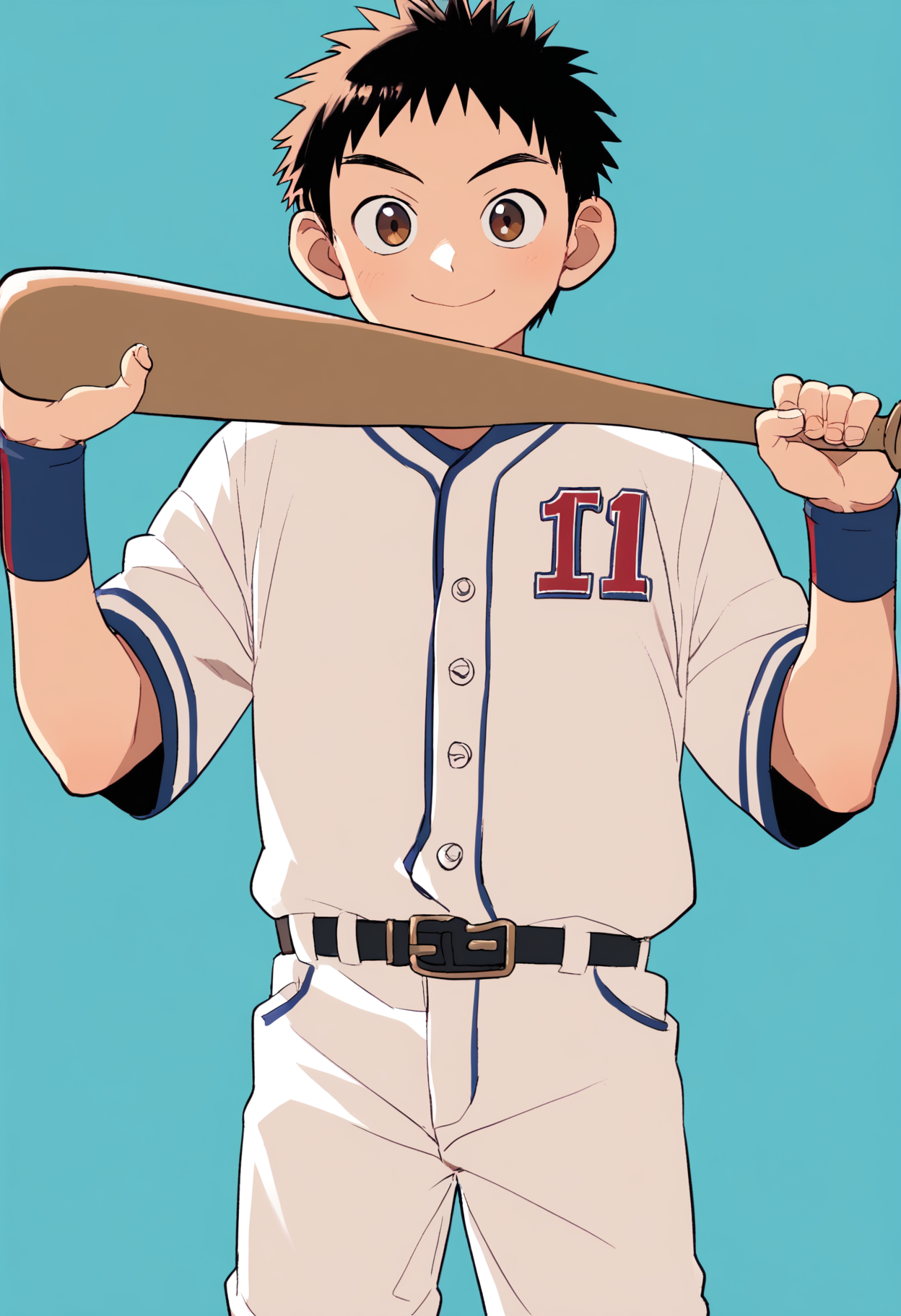 score_8, score_8_up, score_7_up, score_6_up, source_anime, blue background, 1boy, solo, black hair, brown eyes, baseball uniform, holding baseball bat, looking at viewer, closed mouth, smile <lora:a6_AMXL_v1g-ShoAI:1>