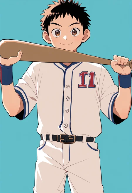 score_8, score_8_up, score_7_up, score_6_up, source_anime, blue background, 1boy, solo, black hair, brown eyes, baseball uniform, holding baseball bat, looking at viewer, closed mouth, smile <lora:a6_AMXL_v1g-ShoAI:1>
