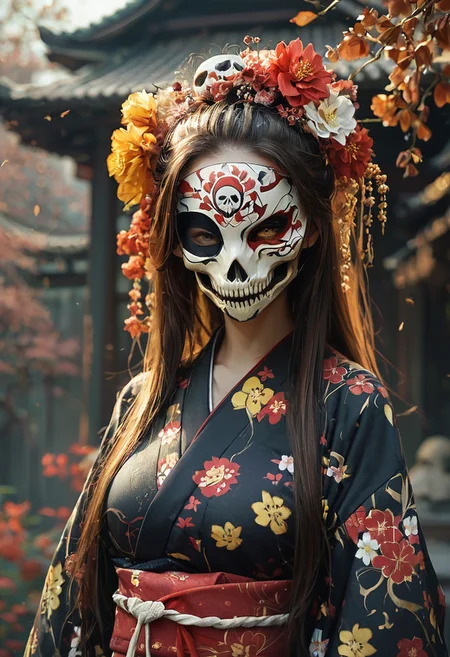 1girl, solo, long hair, looking at viewer, brown hair, brown eyes, yellow eyes, upper body, flower, japanese clothes, kimono, mask, floral print, one eye covered, black kimono, (skull mask),, .score_9, score_8_up, score_7_up,