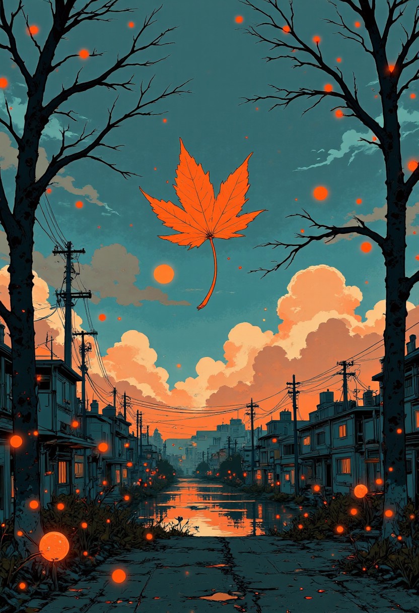 A lone golden leaf drifting gently through a crisp, twilight air. The landscape is quiet, framed by slender, bare branches. The ground is a simple gradient of warm tones, scattered with abstract shapes hinting at fallen foliage.