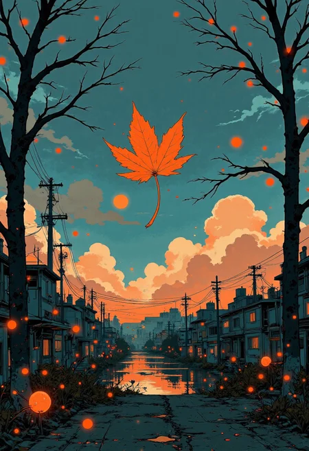 A lone golden leaf drifting gently through a crisp, twilight air. The landscape is quiet, framed by slender, bare branches. The ground is a simple gradient of warm tones, scattered with abstract shapes hinting at fallen foliage.