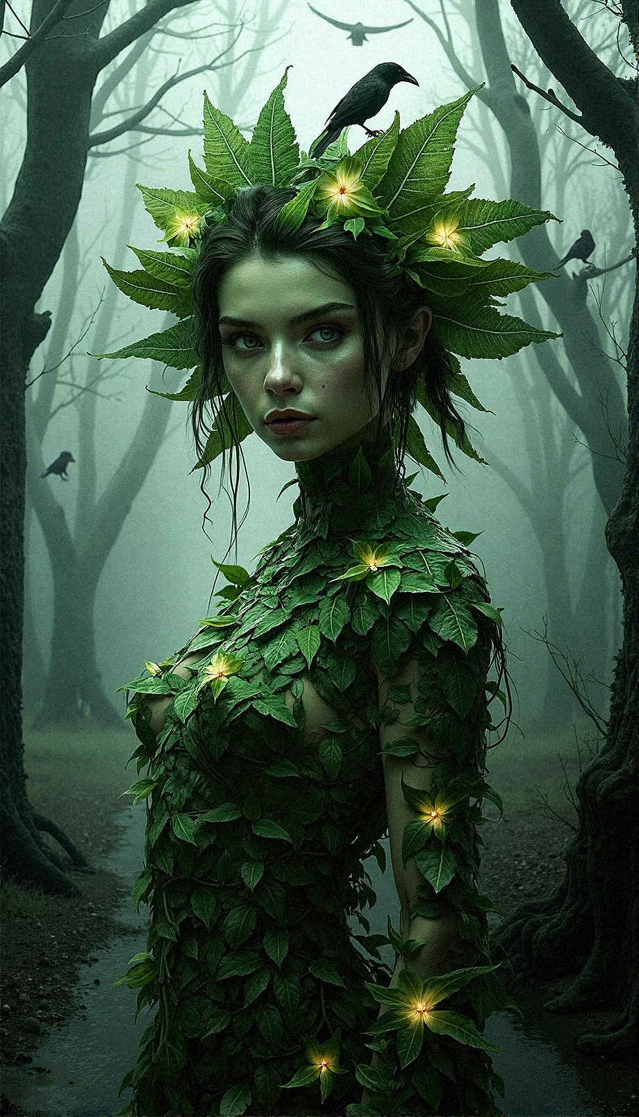a photorealistic close-up portrait of a forest spirit, emerging from a misty, dark forest. Her physique is formed from interwoven leaves and vines, with pale green skin that blends into the bark of the trees around her. Her hair is made of cascading leaves, adorned with golden, glowing seed pods that provide a soft illumination in the gloomy setting. The trees are twisted and barren, with crows flying above, adding a sense of movement and unease to the scene. Her gaze is intense yet calm, as if she is the guardian of the forest’s secrets, embodying both its beauty and its dangers.

The background is filled with mist, obscuring the path behind her and creating a mysterious ambiance. The light is muted, casting shadows that emphasize the textures of her leafy body and the reflective wetness of the forest floor. The contrast between her green, life-filled form and the dark, decaying forest evokes a balance between growth and death, light and darkness. Aim for a hyper-realistic style that brings out the intricate details of her leaf-textured skin, the glowing seed pods, and the eerie, desolate beauty of the forest.

Looking directly at the camera with an intense stare, her form both blending with and standing out from the dark, decaying forest.


