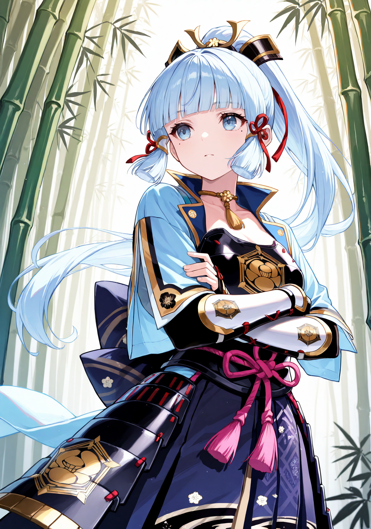 masterpiece, best quality, 1girl, solo, basekamiaya, light blue hair, blunt bangs, mole under eye, ponytail, long hair, hair ribbon, , outdoors, (bamboo forest), crossed arms, blue eyes, hair ornament, japanese armor, blue jacket, dark blue hakama, arm guards, hakama skirt, armored dress, looking ahead