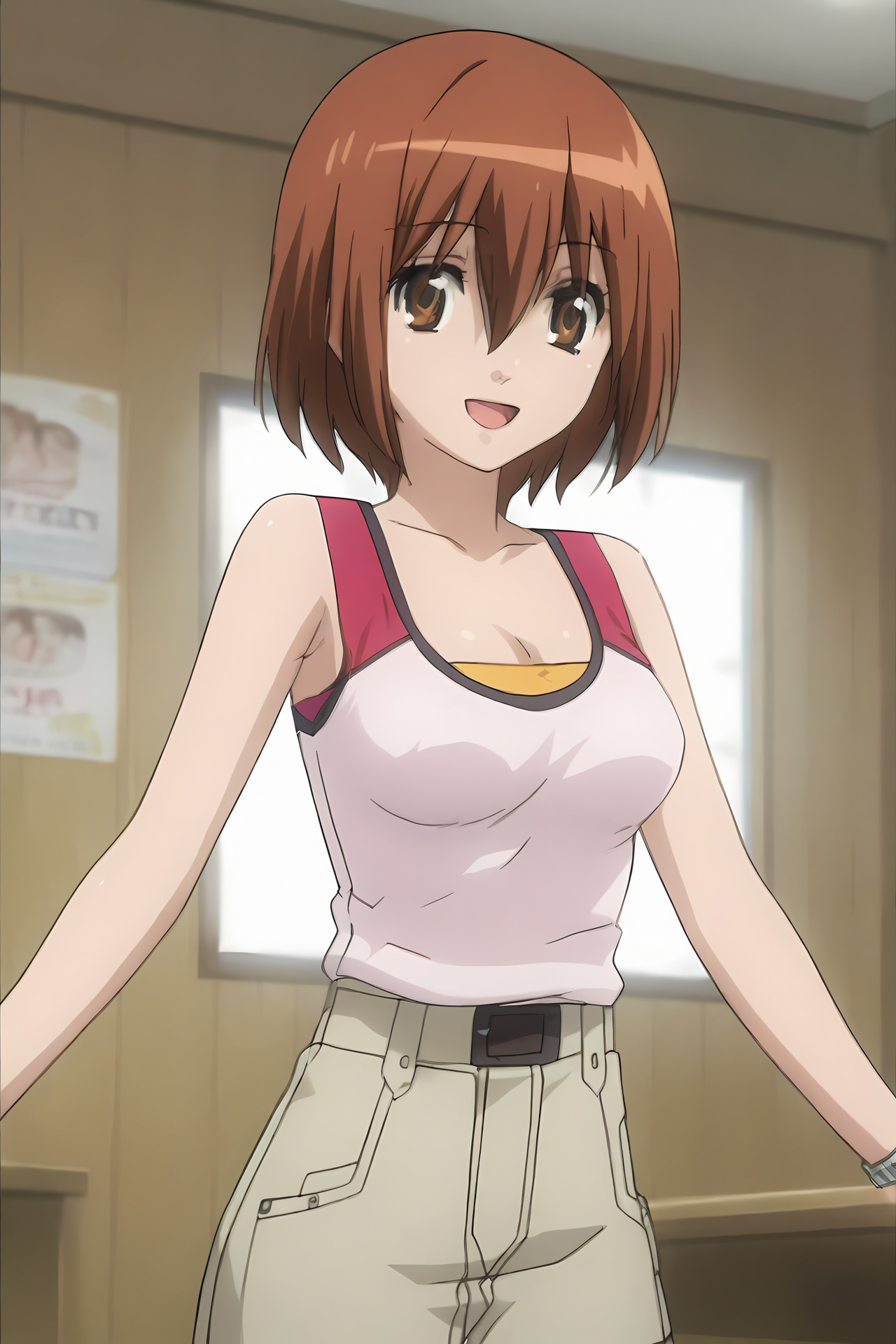 (:1.50), cpc-manami, short hair, brown hair, hair between eyes, brown eyes, wristwatch, 
medium breasts,
1girl, solo, skinny, (source_anime, score_9, score_8_up, score_8, score_7_up), score_7, score_6_up, score_6, score_5_up, score_5, 
(happy:1.30),
(indoors:1.30),
(:1.40), (:1.10),
<lora:cpc-manami-V04-000005:1.00>