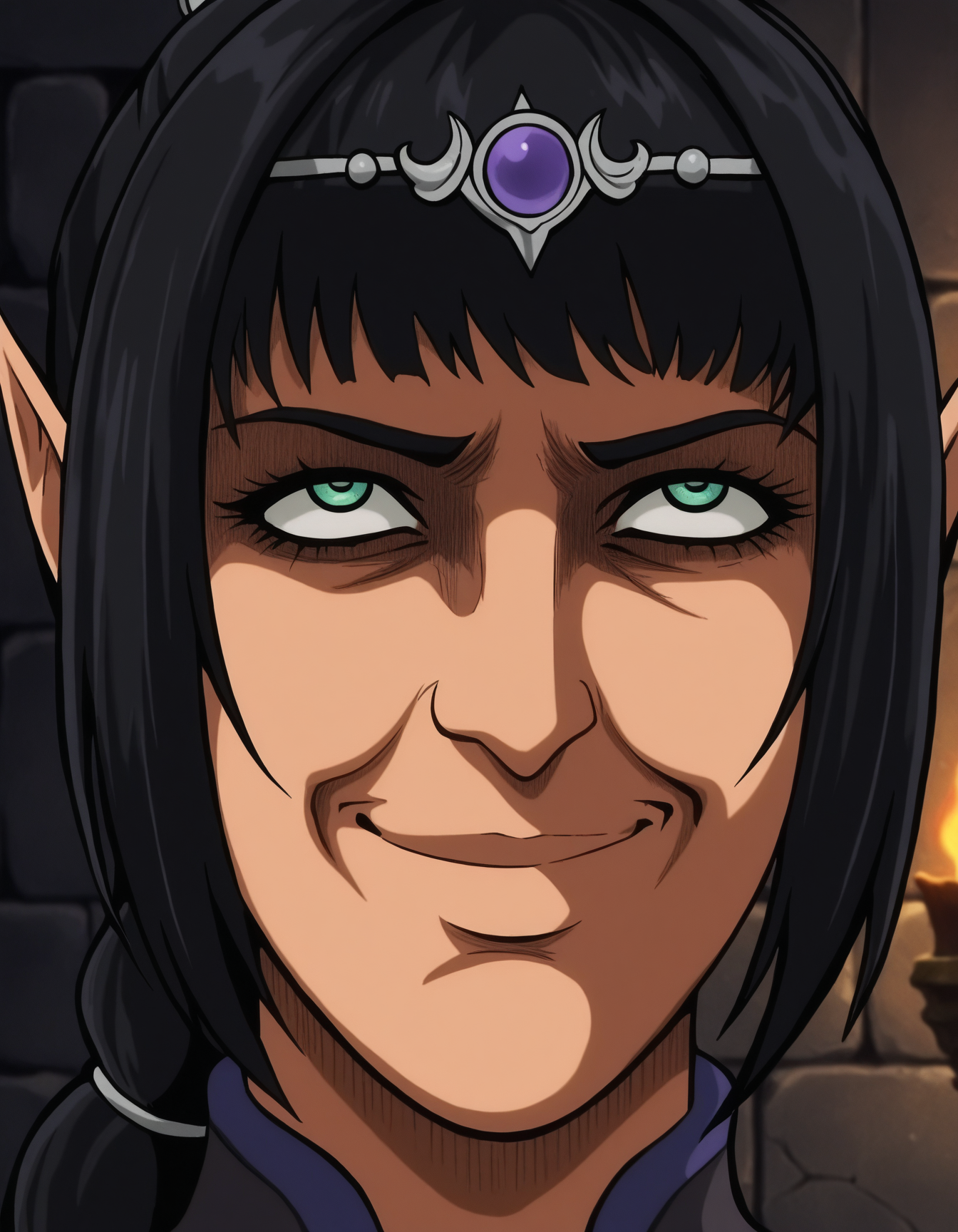 anime style, anime screencap, face focus, funny, meme, SOLO, 1girl, closed mouth, ThisPleases, smile, funny, parody,shadowheart \(baldur's gate\), pointy ears, black hair, bangs, long hair, ponytail, tiara, <lora:ThisPleasesV.01-000008:0.95>, (inside castle, stone walls, torches, dim light)