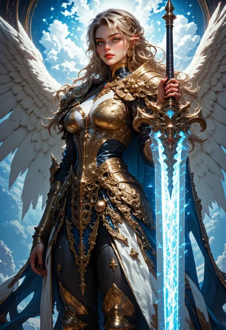 A cinematic shot of a celestial female paladin, wearing golden armor with diamond details, amazing face features, blond stylish hair, looking at the viewer, wielding a giant blue radiant sword standing in a dynamic attacking position. Best quality, amazing details. EE_DA, G0thicL1nes, hkstyle