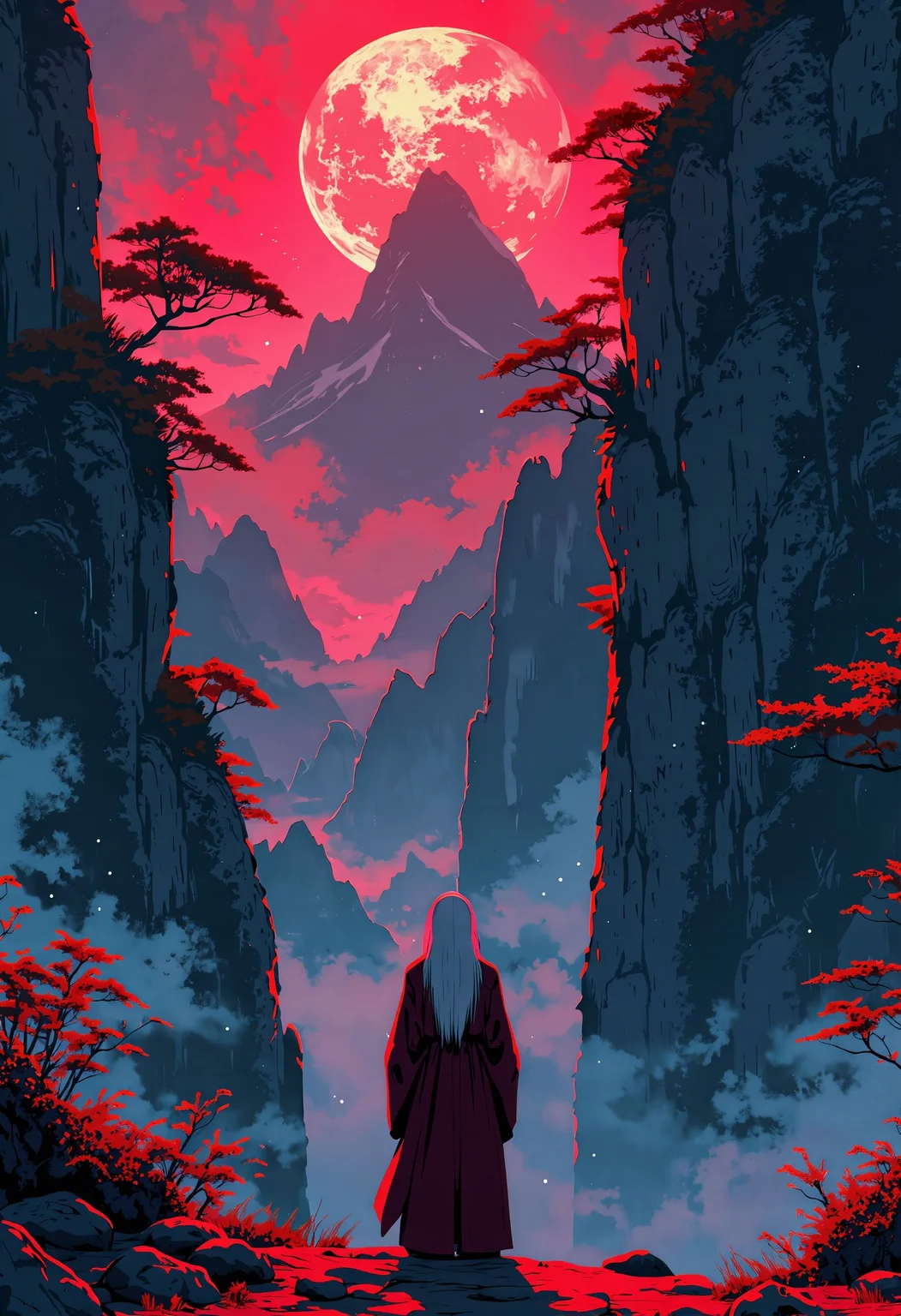 anime style, mythp0rt, In the shadowy depths of the Laoshan mountains, a young scholar stands before a mystical Taoist master, his face lit by the faint glow of crimson moonlight filtering through the dense forest. The air is thick with the scent of ancient pines, and the distant echoes of chanting can be heard. The Taoist, with long flowing white hair, imparts the secret of passing through walls—a skill that defies the laws of the physical world. The scene is charged with an aura of mysticism and quiet power, as the scholar's eager eyes reflect the moonlit silhouette of the towering mountains, unaware of the trials that lie ahead. The atmosphere is one of quiet anticipation and the untamed energy of ancient magic, highlighting the profound contrast between the scholar's naivety and the wisdom of the old Taoist master <lora:FluxMythP0rtr4itStyle:0.5> <lora:Halftone_Flux:0.3> <lora:MJanime_Flux_LoRa_v3_Final:1>