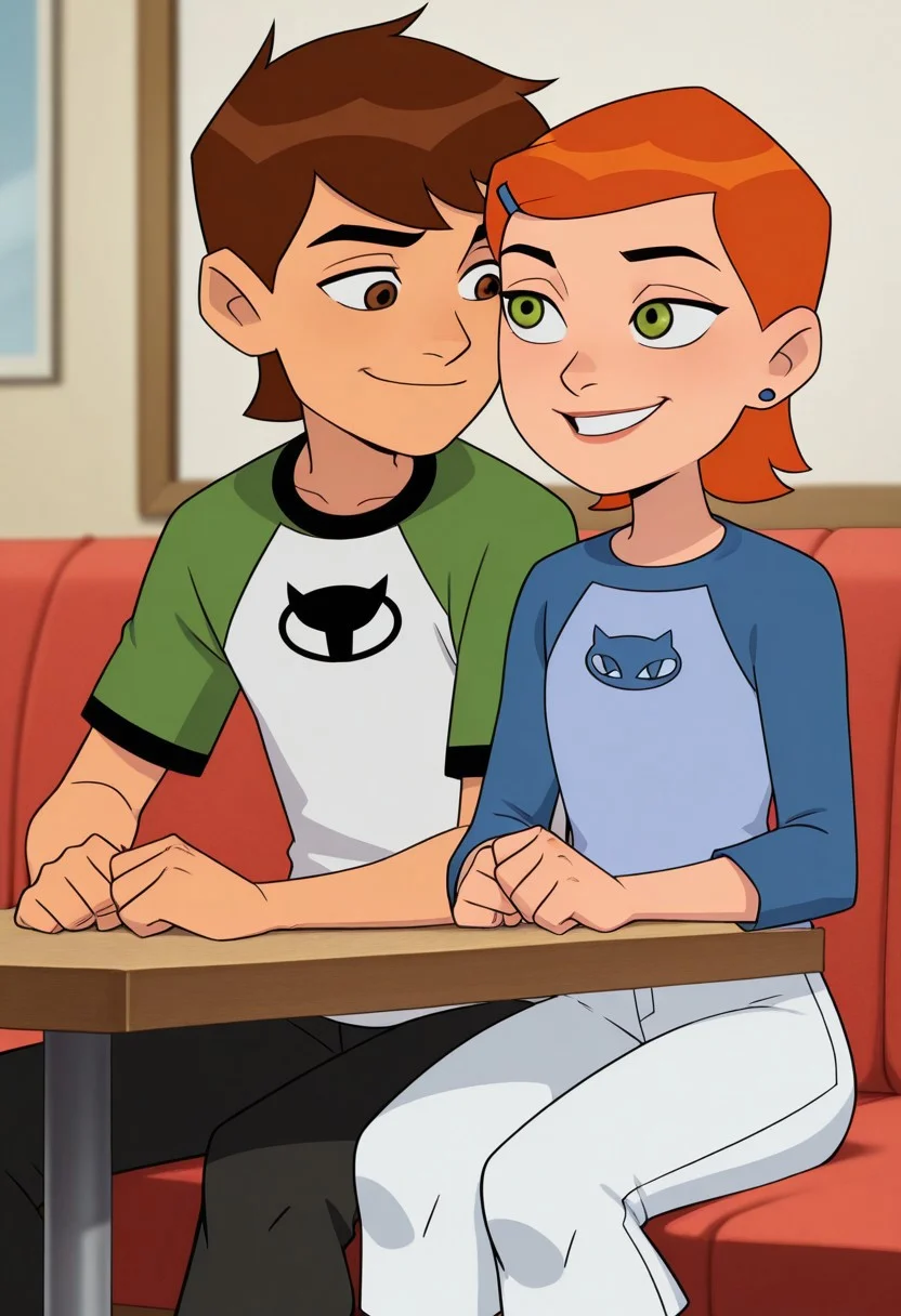 highres, hi res, best quality, masterpiece, intricate details, absurdres, 4k,, anime screencap, anime coloring, masterpiece, best quality,depth of field, 1girl, gwen tennyson, /(ben10)/, short hair, flat chest, Orange hair, clothed, smiling, short height, shortstack, cute, adorable, sitting next to Ben, BREAK,
1boy, skinny, shortstack, short height, ben tennyson /(ben10/), short brown hair, clothed, skinny, smiling, sitting next to Gwen,
(couple, boy and girl:1.3) sitting next to eachother, at table,
front view, detailed background, (mobile home background) ,BREAK score_9, score_8_up, score_7_up, highly detailed, highly detailed skin texture, finely detailed hair