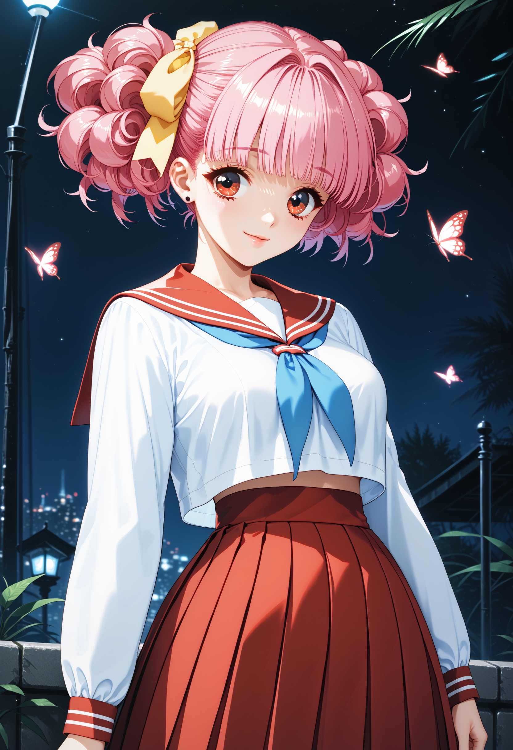 score_9, score_8_up, score_7_up, BREAK miho,1girl,red eyes,pink hair,hair bow,yellow bow,twintails,short hair,white tunic,long sleeves,blue neckerchief,red sailor collar,pleated skirt,red skirt,serafuku,(<lora:Suzumimiho:1>:0.7),BREAK butterflies,smiling,night,japanese school,,dim light,STNST,gothic, retro aesthetic,(<lora:STNST:1>:0.5)