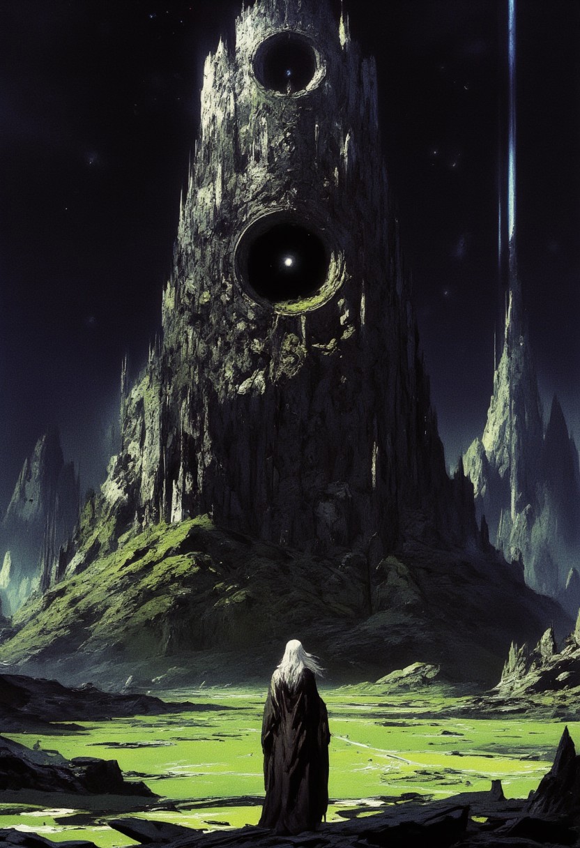highly detailed and hyper realistic and dynamic. This is a highly detailed and intricate digital painting, depicting a lone female figure standing in a vast, eerie landscape under a dark, starless sky. The young woman, dressed in a long, dark coat, with long flowing silver hair, faces a towering, ancient, and crumbling monolithic stone structure with intricate carvings. The structure has two circular holes and stands amidst jagged, rocky peaks. The foreground is a green, mossy plain with faint, ghostly streaks descending from the sky. The scene is illuminated by a faint, eerie glow, creating a surreal, haunting atmosphere. The camera angle is low, emphasizing the height of the structure.