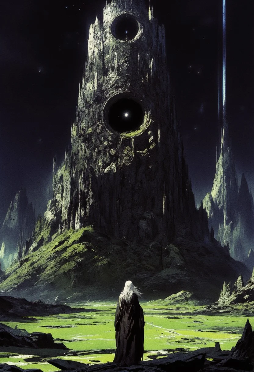 highly detailed and hyper realistic and dynamic. This is a highly detailed and intricate digital painting, depicting a lone female figure standing in a vast, eerie landscape under a dark, starless sky. The young woman, dressed in a long, dark coat, with long flowing silver hair, faces a towering, ancient, and crumbling monolithic stone structure with intricate carvings. The structure has two circular holes and stands amidst jagged, rocky peaks. The foreground is a green, mossy plain with faint, ghostly streaks descending from the sky. The scene is illuminated by a faint, eerie glow, creating a surreal, haunting atmosphere. The camera angle is low, emphasizing the height of the structure.