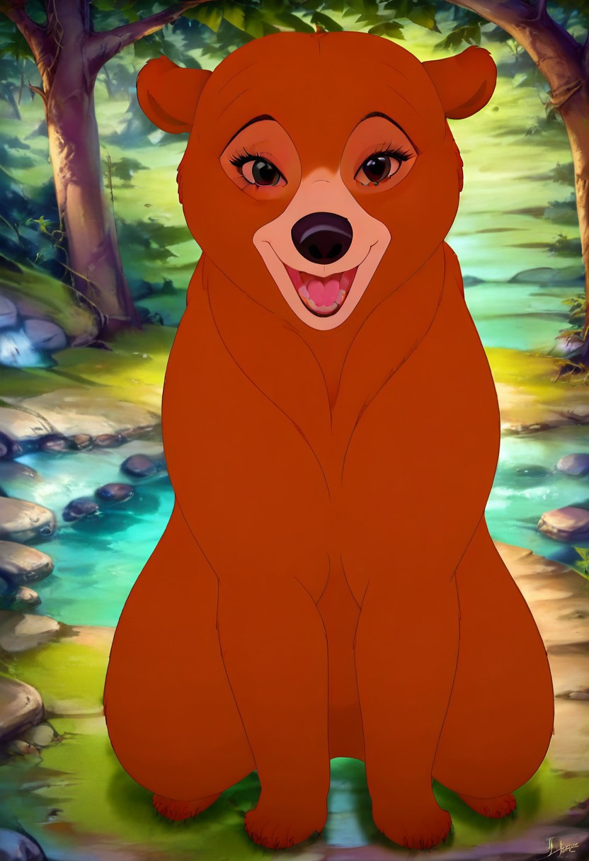 Bear, cartoon, female, Nita, Disney, 2d, detailed forest background, bipedal, full body, <lora:J_cartoon:0.7>, j_cartoon, <lora:MeekoXL:0.9>, Disney, score_9, score_8_up, score_8, solo, (feral), detailed fur, ((happy expression)), ((looking at viewer seductively:1.6)), breathtaking, environmental lighting, professional, highly detailed, ((detailed shaders)), beautiful, high quality, night-time, outdoors, dark forest, <lora:Furtastic_Detailer:1>