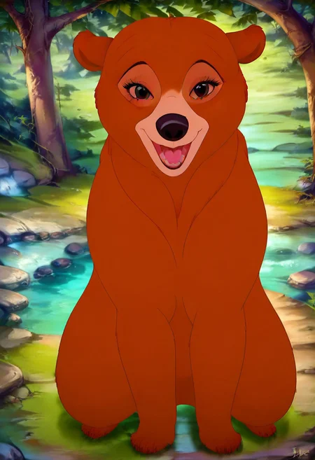 Bear, cartoon, female, Nita, Disney, 2d, detailed forest background, bipedal, full body, <lora:J_cartoon:0.7>, j_cartoon, <lora:MeekoXL:0.9>, Disney, score_9, score_8_up, score_8, solo, (feral), detailed fur, ((happy expression)), ((looking at viewer seductively:1.6)), breathtaking, environmental lighting, professional, highly detailed, ((detailed shaders)), beautiful, high quality, night-time, outdoors, dark forest, <lora:Furtastic_Detailer:1>