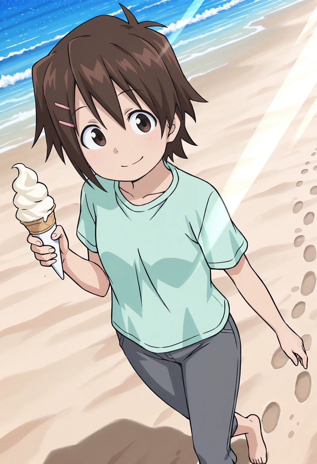 best quality, amazing quality, perfect quality, high quality, masterpiece, absolutely eye-catching BREAK
<lora:Ika_Musume_-_Yuka_Nishimura:1> IkaYuka, brown eyes, brown hair, short hair, antenna hair, wispy bangs, pink hairclip, small breasts BREAK
green t-shirt, short sleeves, grey capri pants BREAK
outside, beach, ocean, sunbeam BREAK
1girl, solo, walking, holding ice cream, smile, looking afar, head tilt, dutch angle, footprints