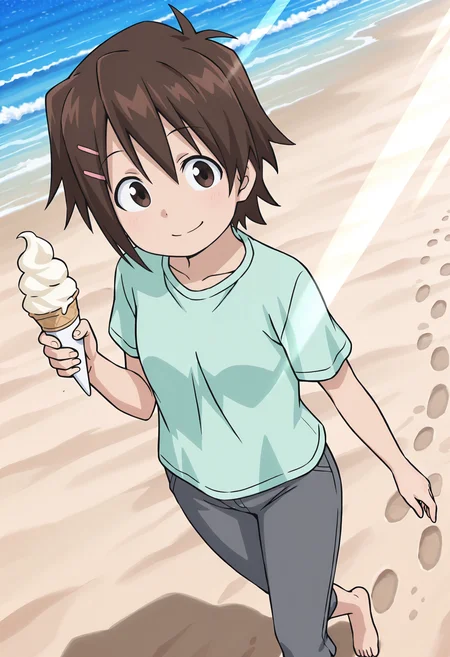 best quality, amazing quality, perfect quality, high quality, masterpiece, absolutely eye-catching BREAK
<lora:Ika_Musume_-_Yuka_Nishimura:1> IkaYuka, brown eyes, brown hair, short hair, antenna hair, wispy bangs, pink hairclip, small breasts BREAK
green t-shirt, short sleeves, grey capri pants BREAK
outside, beach, ocean, sunbeam BREAK
1girl, solo, walking, holding ice cream, smile, looking afar, head tilt, dutch angle, footprints