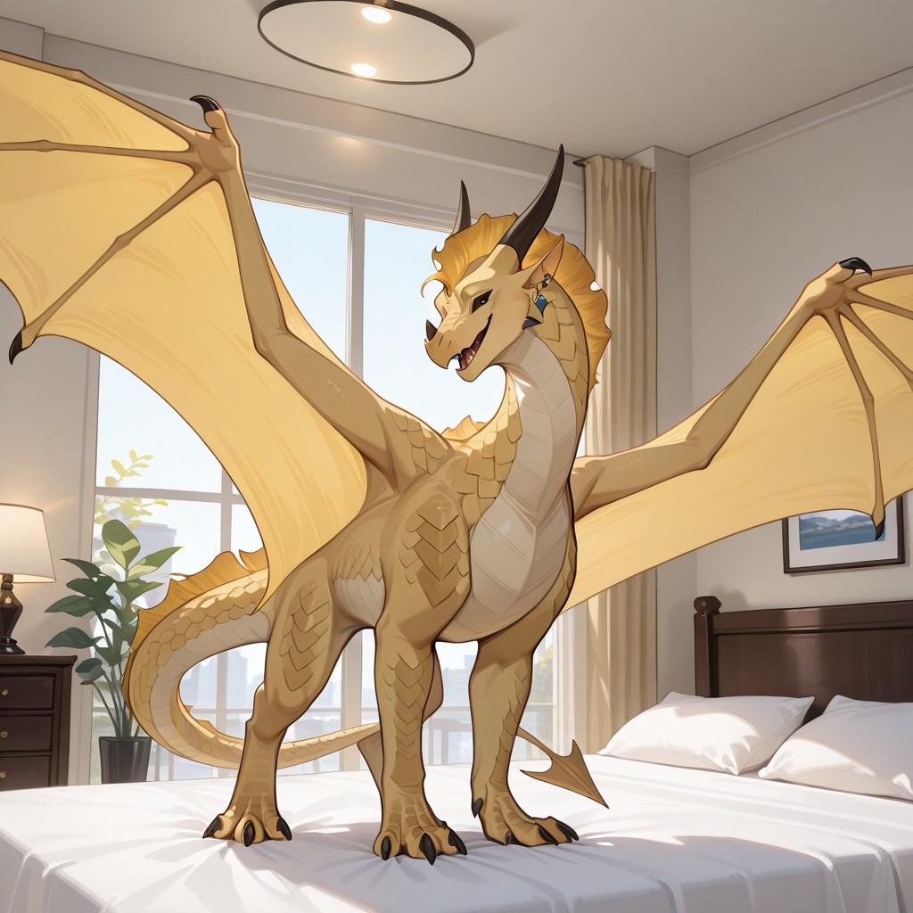 1boy, highres, absurdres, newest, masterpiece, best quality, furry, furry_male, Sandwing_wof, yellow scales, dragon, scales, horns, claws, wings, tail, Qibli_wof, yellow back mane, earring, barbed tail tip, black sclera, black eyes, (quadruped, feral:1.3), detailed eyes, (standing, spread wings) open_mouth, open mouth smile, luxurious detailed room, bright room, day scene, professional lighting, white bed, solo, bedroom, smiling, seductive, looking_at_viewer, masterpiece, close up, safe