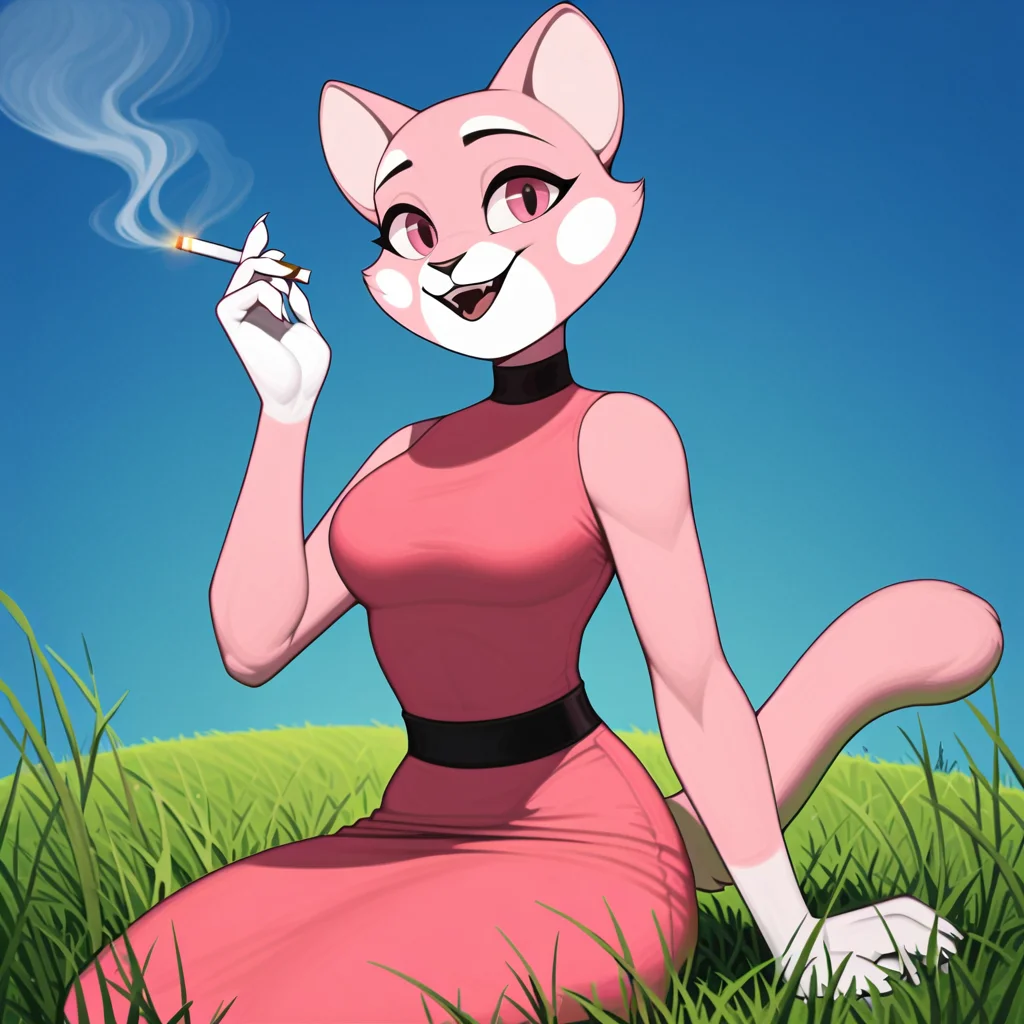 score_9_up, score_8_up, score_7_up, rating_questionable, furry_female, felid, (shima luan:1.2), pink eyes, tight pink dress, open smile, cigarette in mouth, grass, full grass ground, blue sky, <lora:ShimaPDXL:0.8>
