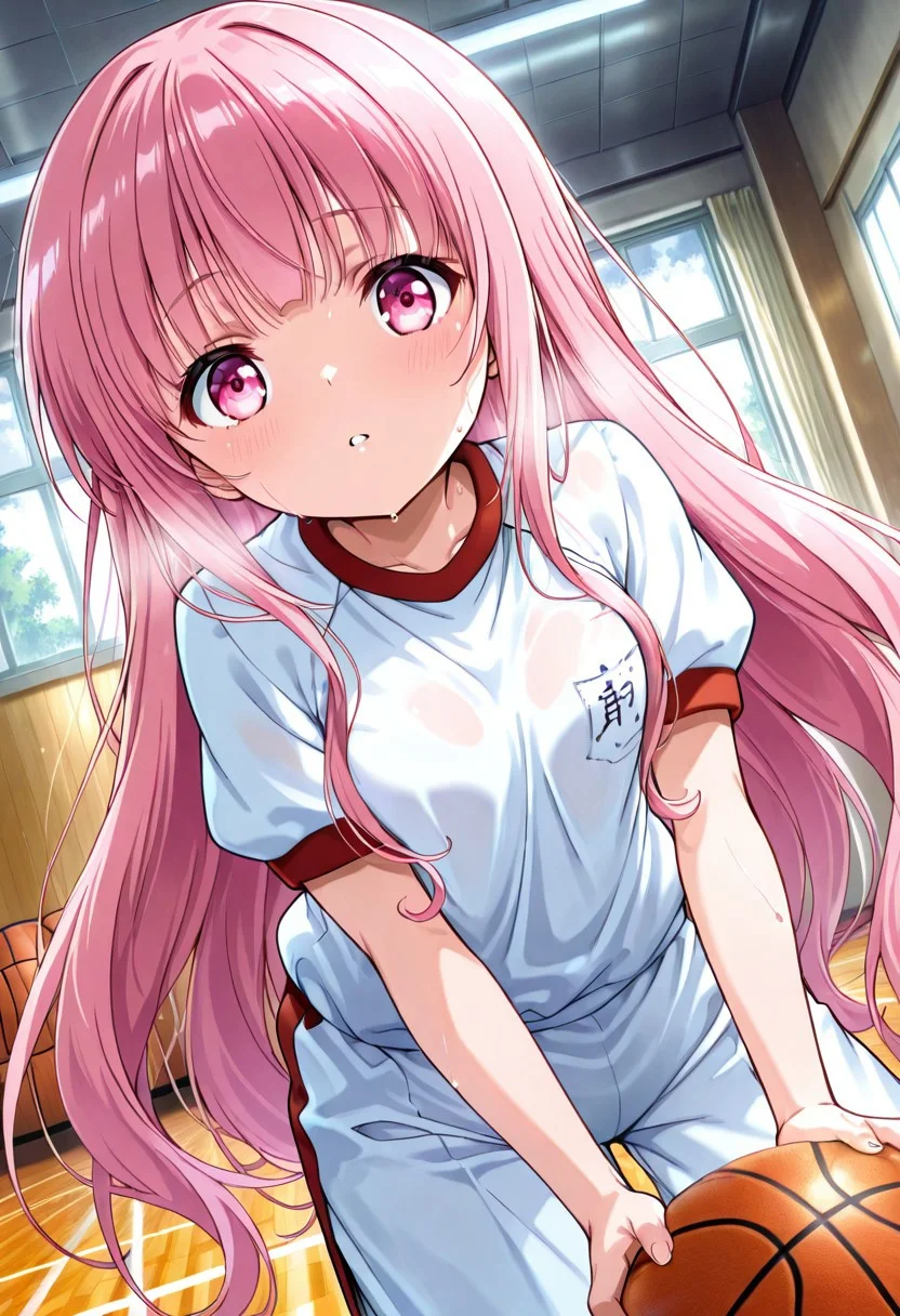 general,highres, ultra-detailed,very aesthetic,best quality ,best hands,best eyes,easynegative,
dynamic anglre, dutch angle, anime cloring,
1girl solo,looking at viewer,indoors, PE, basketball, playing basketball, sweat,
Hinata Hakamada,pink_hair, long_hair, pink eyes, small breasts, short body,gym uniform