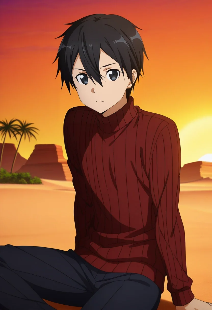 masterpiece, best quality, , anime screencap, anime coloring, official style, looking at viewer, 1boy, solo, male focus, <lora:kazuto_kirigaya_ilxl:0.92>, kazuto_kirigaya, kirito, black hair, black eyes, short hair, hair between eyes, desert oasis, palm gardens, cool springs, shaded alcoves, lounging pose, relaxed expression, sunset glow, Damask Golf pants, Mosaic Wool sweater, , ,