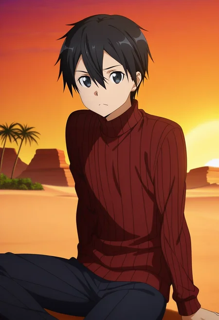 masterpiece, best quality, , anime screencap, anime coloring, official style, looking at viewer, 1boy, solo, male focus, <lora:kazuto_kirigaya_ilxl:0.92>, kazuto_kirigaya, kirito, black hair, black eyes, short hair, hair between eyes, desert oasis, palm gardens, cool springs, shaded alcoves, lounging pose, relaxed expression, sunset glow, Damask Golf pants, Mosaic Wool sweater, , ,