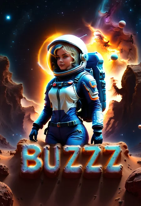 (vibrant canvas illuminated by a cascade of colorful binary code) forming the (silhouette) of a  astronaut on planet mars, intricate details, masterpiece, best quality, very aesthetic
1 girl, 4str0n4ut G1rl, mad-nbla, buzz,
smile, blonde, space, 
text logo,
Text: "I need BUZZ!"