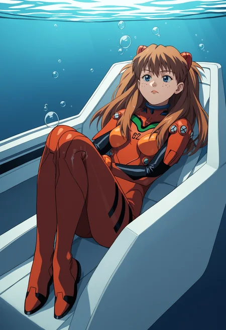 score_9, score_8_up, score_7_up, score_6_up, score_5_up, score_4_up, BREAK, source_anime, 1990s \(style\), retro artstyle, underwater, deep abyss background, dark blue background, 
redplugsuit, floating bubbles, pilot seat, sitting in cockpit, lying, 1girl, shirogane, souryuu asuka langley, brown hair, twintails, bangs, freckles, long hair, blue eyes <lora:ShiroganeXL:1>