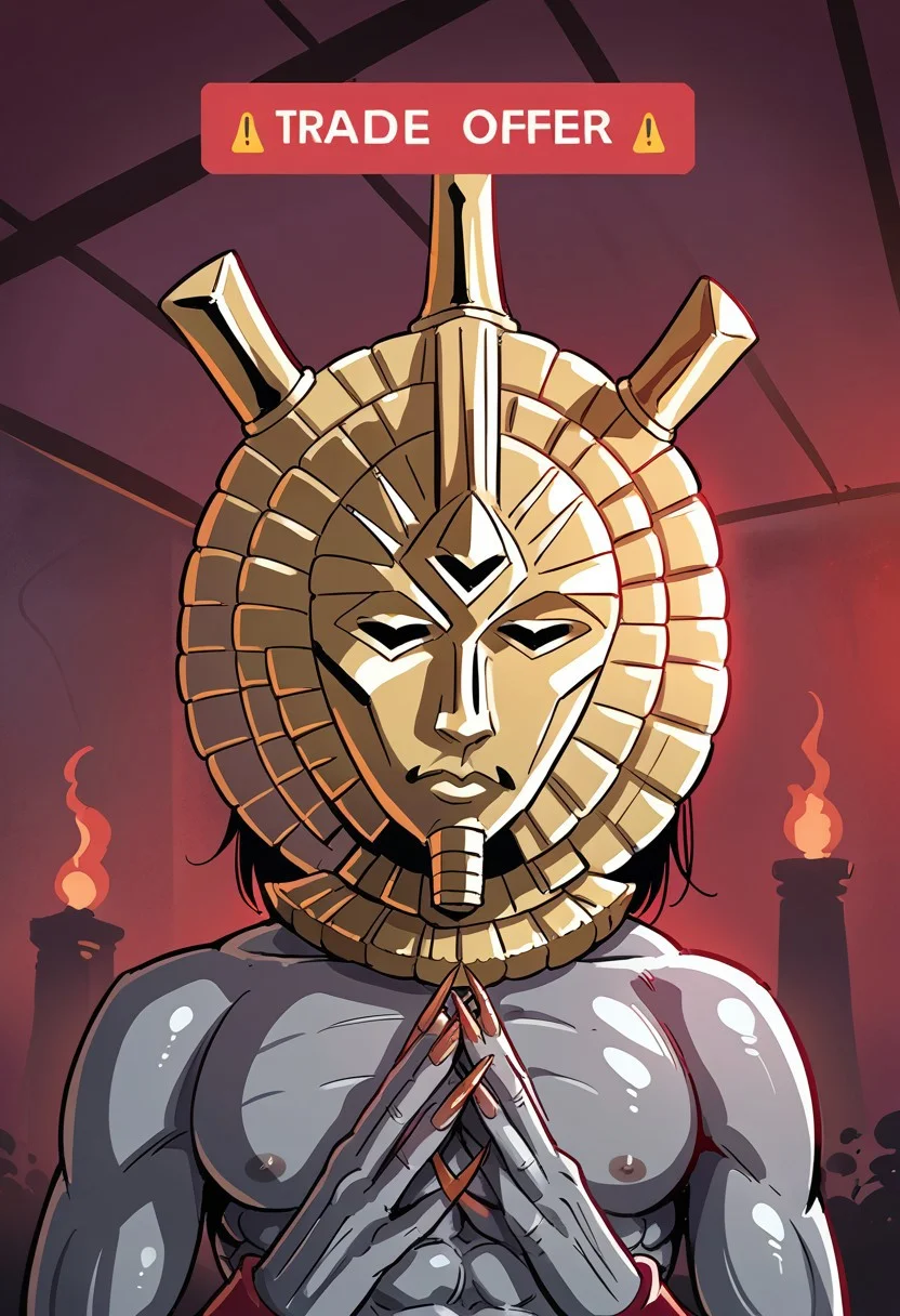 score_8, score_8_up, score_7_up, source_anime, anime screenshot,  1boy, male focus, solo, DagothUr_TES3, grey skin, colored skin, gold mask, mask, third eye, gorget, gold gorget, topless male, muscular, abs, bracer, long fingers, long fingernails, sharp fingernails, own hands together, upper body, standing, full body, looking at viewer, TradeOfferMeme